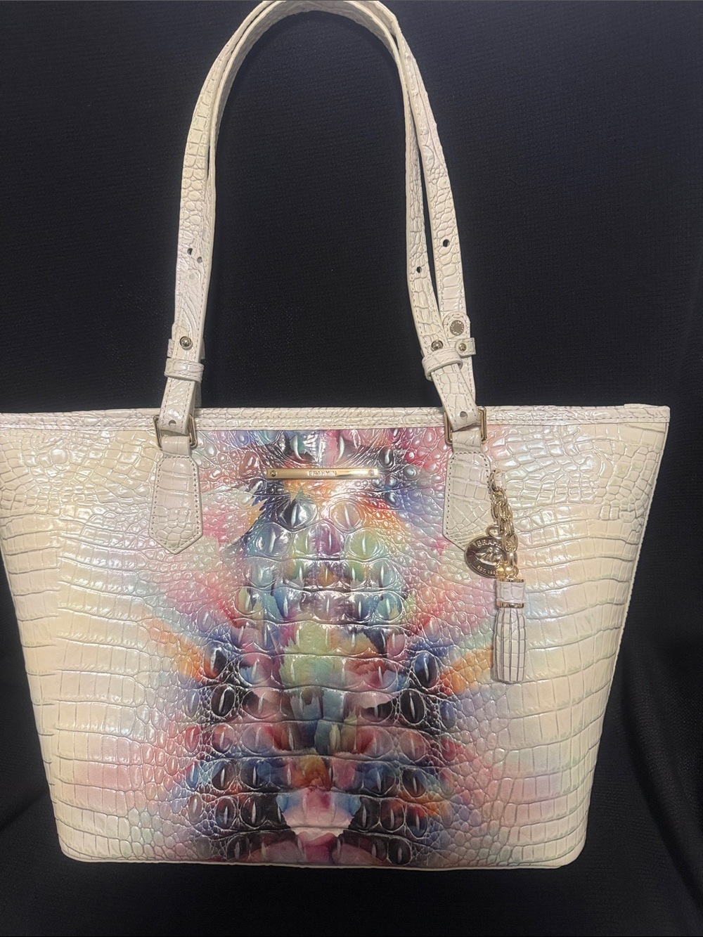 Brahmin Iridescent White Croc-Embossed Tote with Rainbow Center - Picture 3 of 3